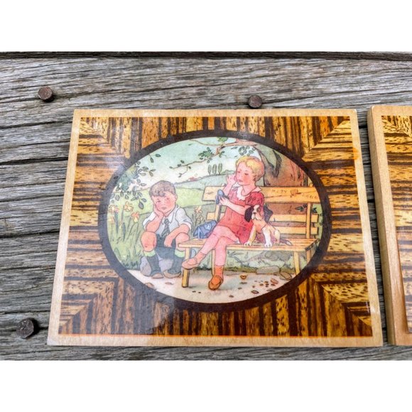 Vintage Wood Plaques Children With Puppy and Kittens - Picture 2 of 10